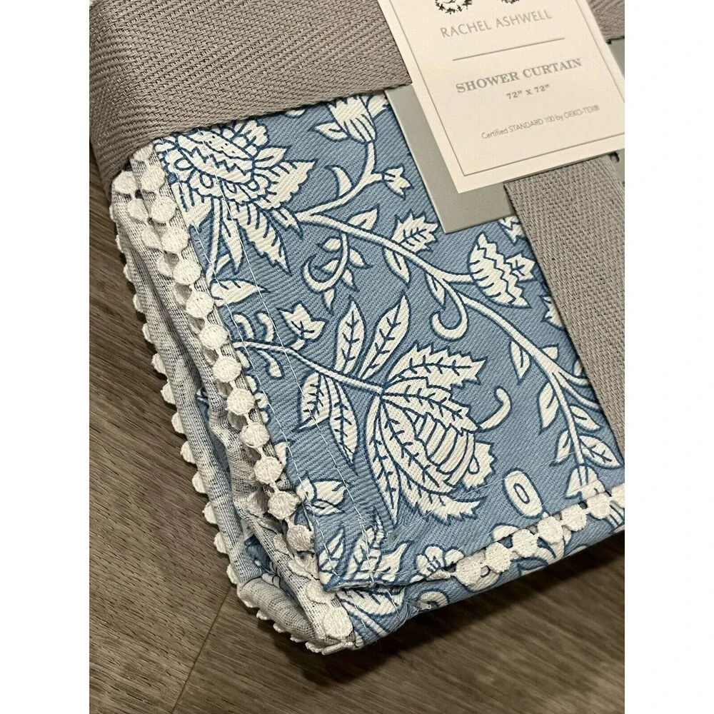 Rachel Ashwell Tillie Jacobean With Lace Fabric Shower Curtain Blue Floral New